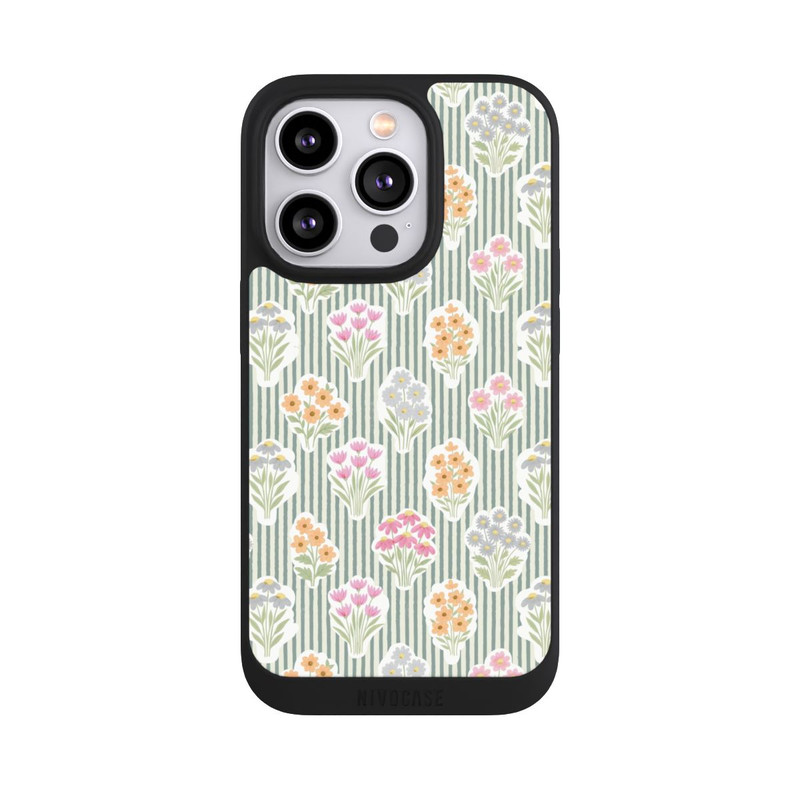 iPhone 14 Pro NIVOpure Ditsy Flower Sticker Bouquets on Blue and Cream Pinstripes