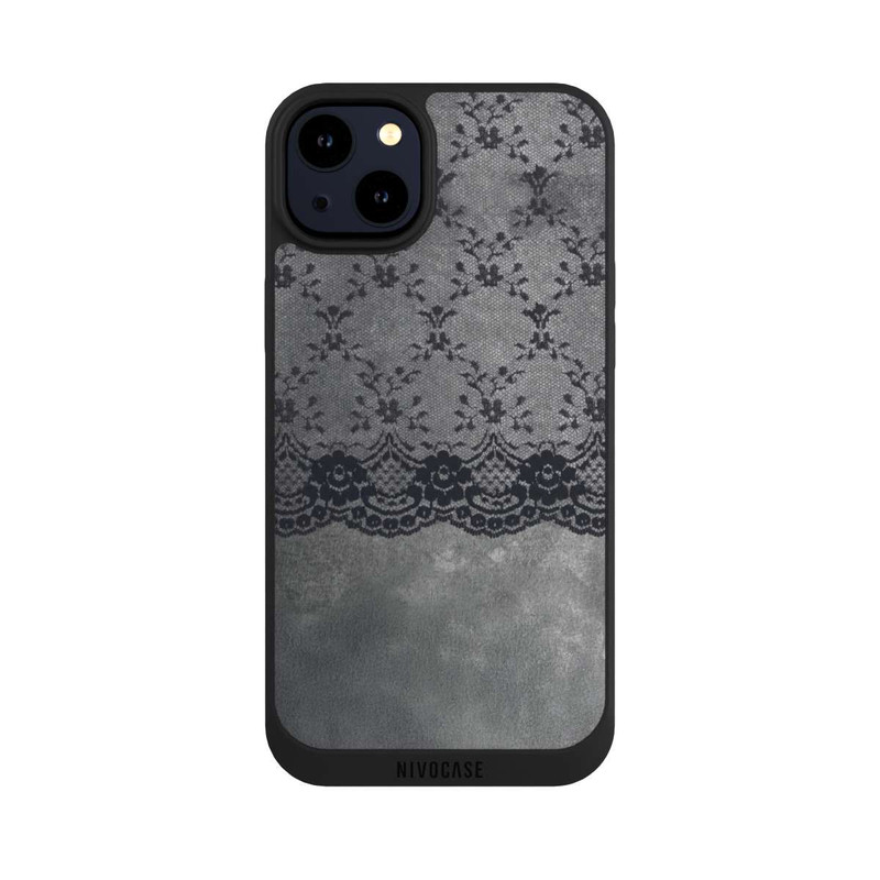 iPhone 14 Plus NIVOpure Black Lace Pattern on a Grey Background