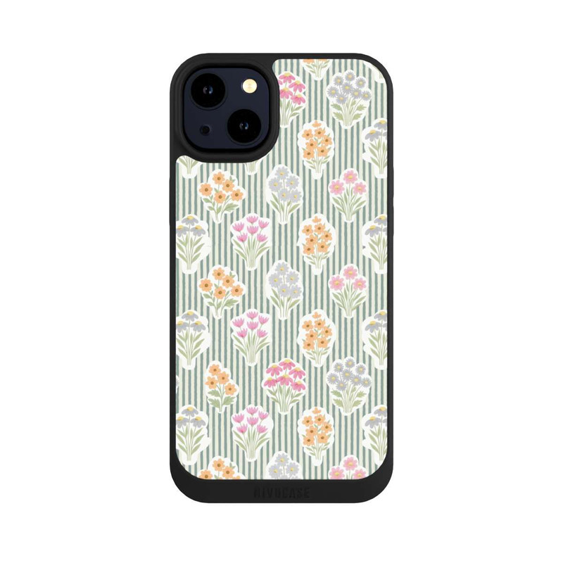 iPhone 14 Plus NIVOpure Ditsy Flower Sticker Bouquets on Blue and Cream Pinstripes