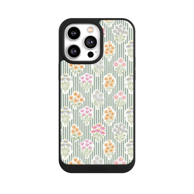 iPhone 14 Pro Max NIVOpure Ditsy Flower Sticker Bouquets on Blue and Cream Pinstripes