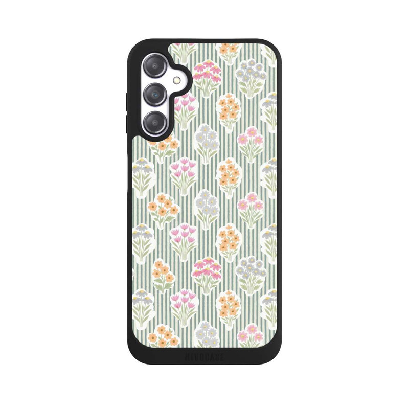 Galaxy A14 5G NIVOpure Ditsy Flower Sticker Bouquets on Blue and Cream Pinstripes