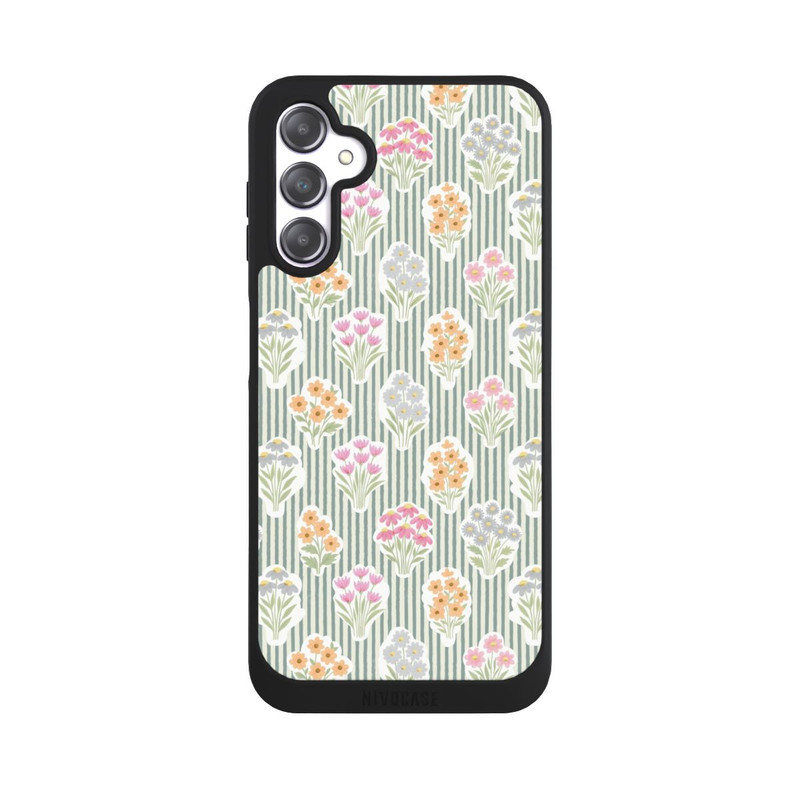 Galaxy A14 5G NIVOpure Ditsy Flower Sticker Bouquets on Blue and Cream Pinstripes