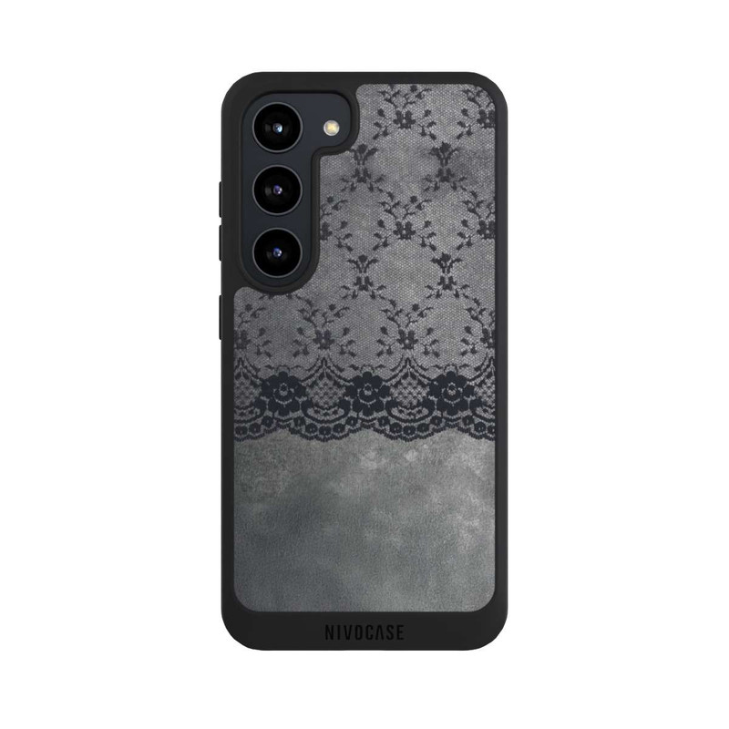 Galaxy S23 NIVOpure Schwarzes Spitzenmuster auf grauem Hintergrund