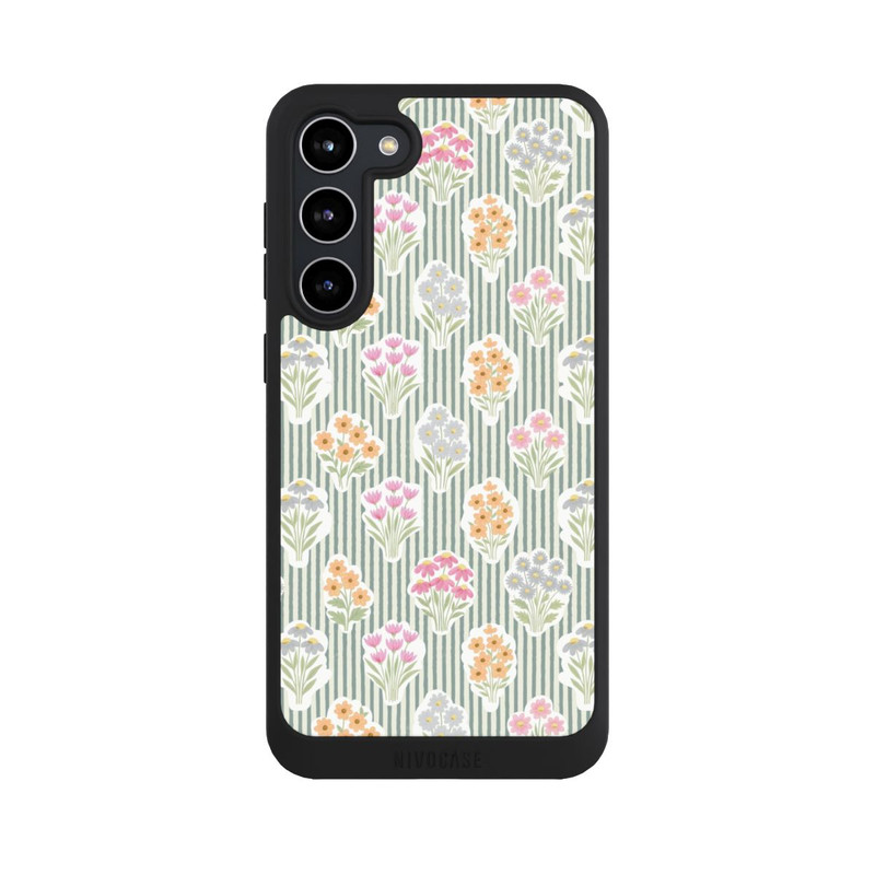 Galaxy S23 + NIVOpure Ditsy Flower Sticker Bouquets on Blue and Cream Pinstripes