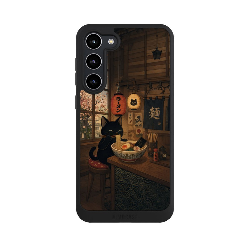 Galaxy S23 + NIVOpure Bar à ramen avec un chat noir avec l'IA