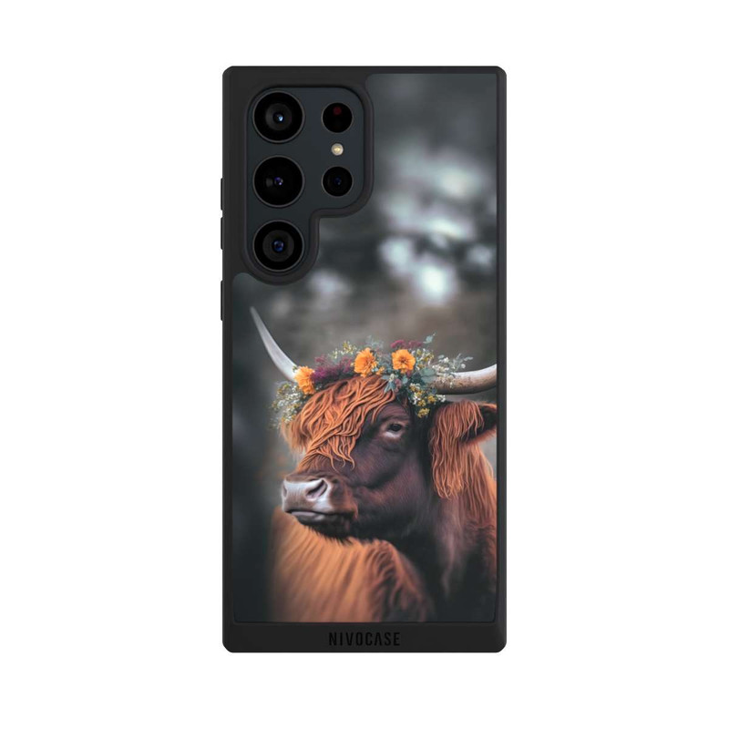 Galaxy S23 Ultra NIVOpure Vache des Highlands avec des fleurs avec IA