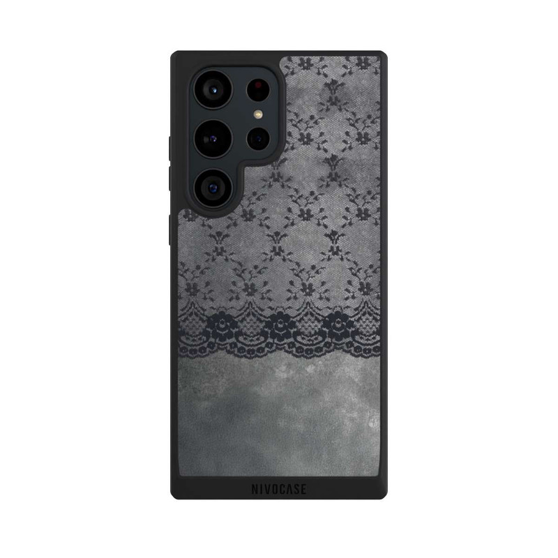 Galaxy S23 Ultra NIVOpure Schwarzes Spitzenmuster auf grauem Hintergrund