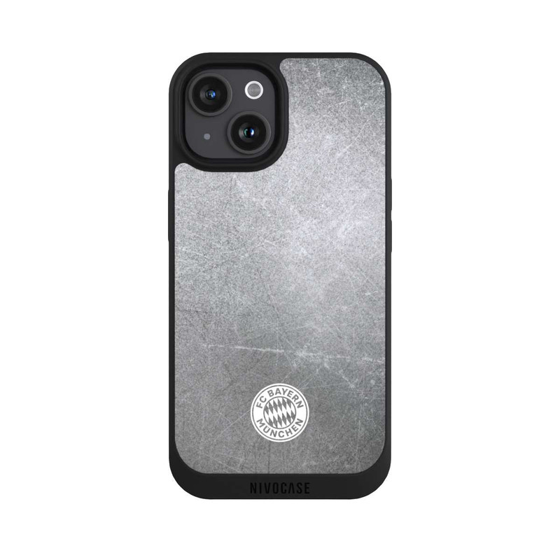 iPhone 15 NIVOpure Klassisches FCB Logo Klein - Weiß auf Metalllook
