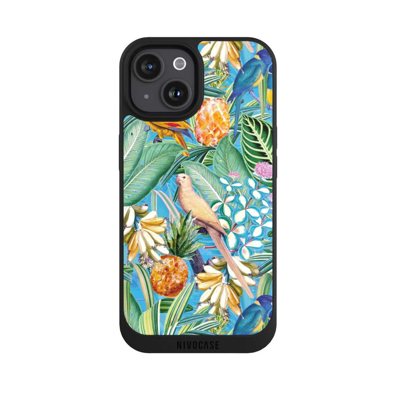 iPhone 15 NIVOpure Tropical Parrots on Blue Wallpaper