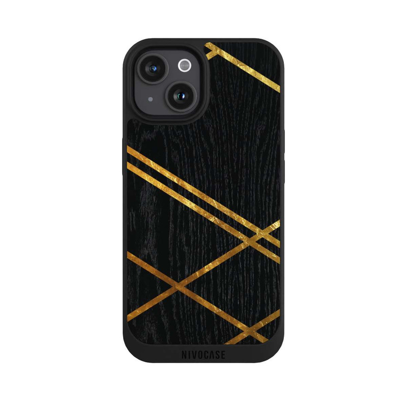 iPhone 15 NIVOpure Schwarzes geometrisches Muster Goldene Streifen