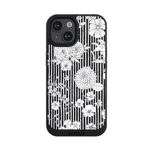 Apple iPhone 15 NIVOpure Fleurs et rayures noir et blanc