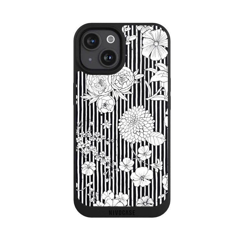 iPhone 15 NIVOpure Blumen und Streifen Schwarz und Weiß