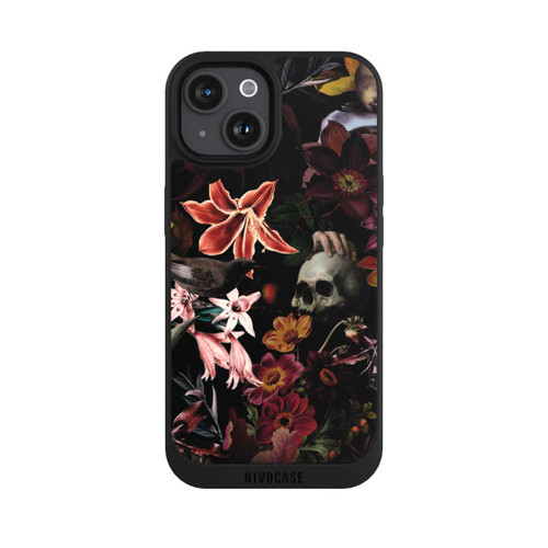 Apple iPhone 15 NIVOpure Totenköpfe und Blumen auf dunklem Hintergrund
