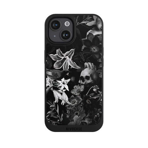 Apple iPhone 15 NIVOpure Totenköpfe und Blumen auf schwarzem Hintergrund