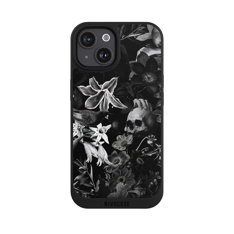 iPhone 15 NIVOpure Crânes et fleurs sur fond noir