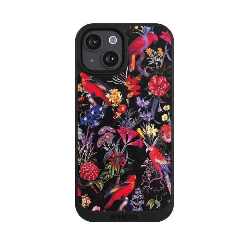 iPhone 15 NIVOpure Dunkle Blumen und Papageien