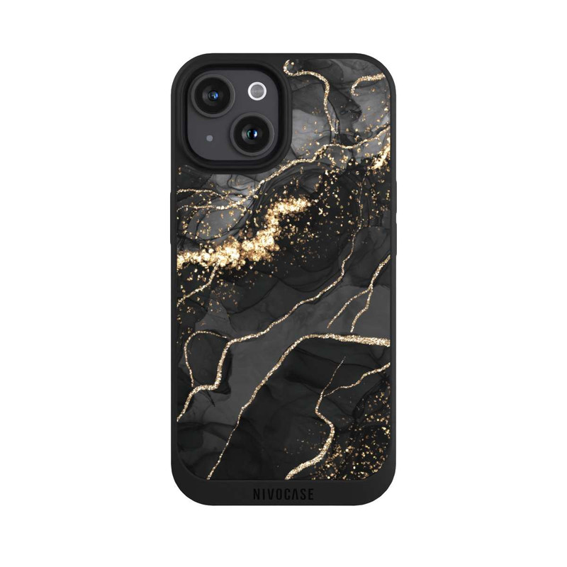 iPhone 15 NIVOpure Dunkler Marmor Wirbel Goldoptik