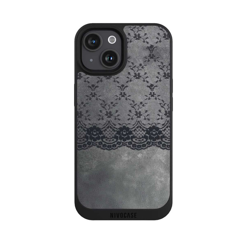 iPhone 15 NIVOpure Schwarzes Spitzenmuster auf grauem Hintergrund