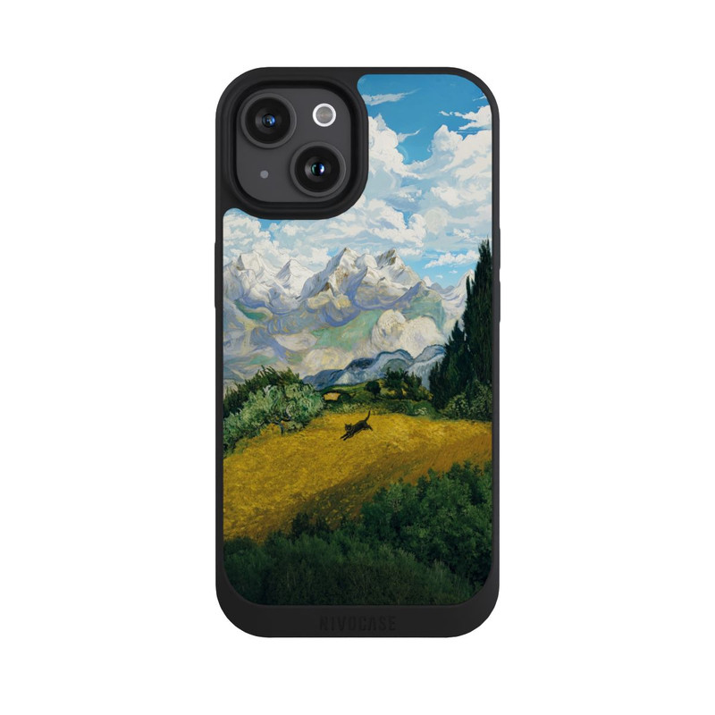 iPhone 15 NIVOpure Champ de blé avec cyprès, par Van Gogh, avec un chat avec l'IA