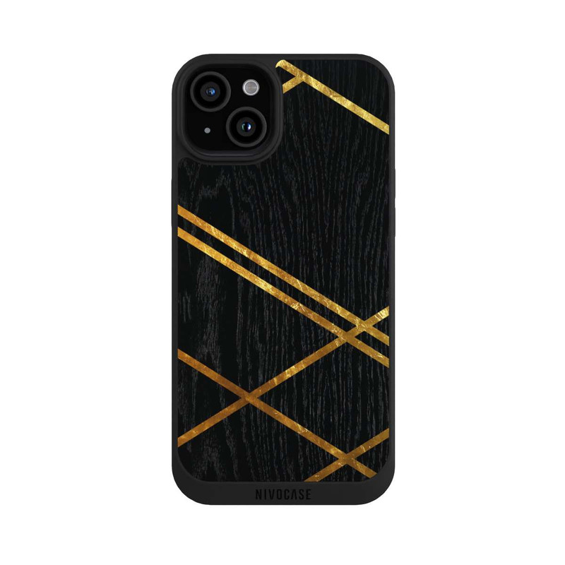 iPhone 15 Plus NIVOpure Schwarzes geometrisches Muster Goldene Streifen
