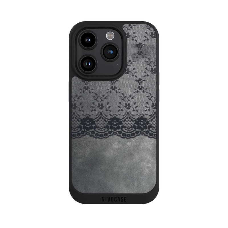 iPhone 15 Pro NIVOpure Black Lace Pattern on a Grey Background