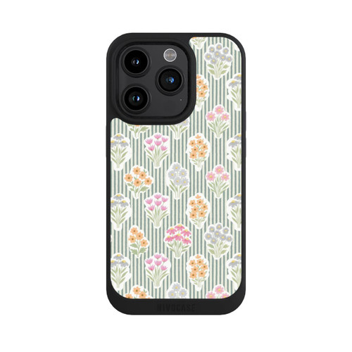 Apple iPhone 15 Pro NIVOpure Ditsy Flower Sticker Bouquets on Blue and Cream Pinstripes