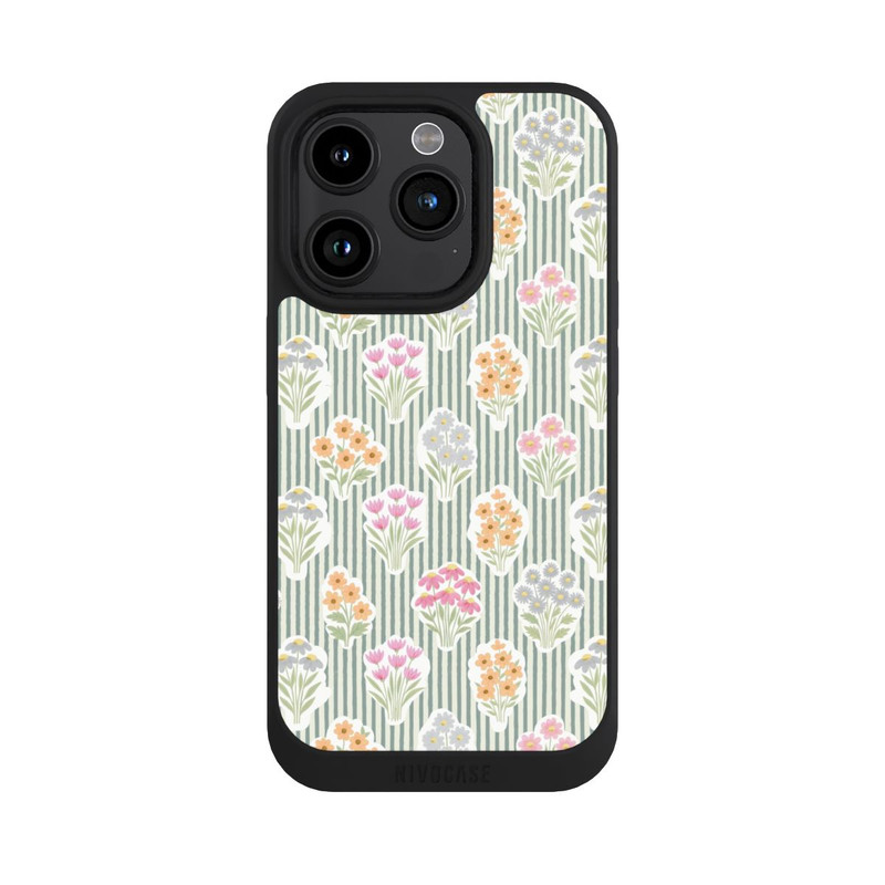 iPhone 15 Pro NIVOpure Ditsy Flower Sticker Bouquets on Blue and Cream Pinstripes