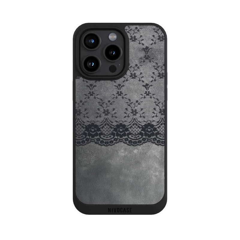 iPhone 15 Pro Max NIVOpure Black Lace Pattern on a Grey Background