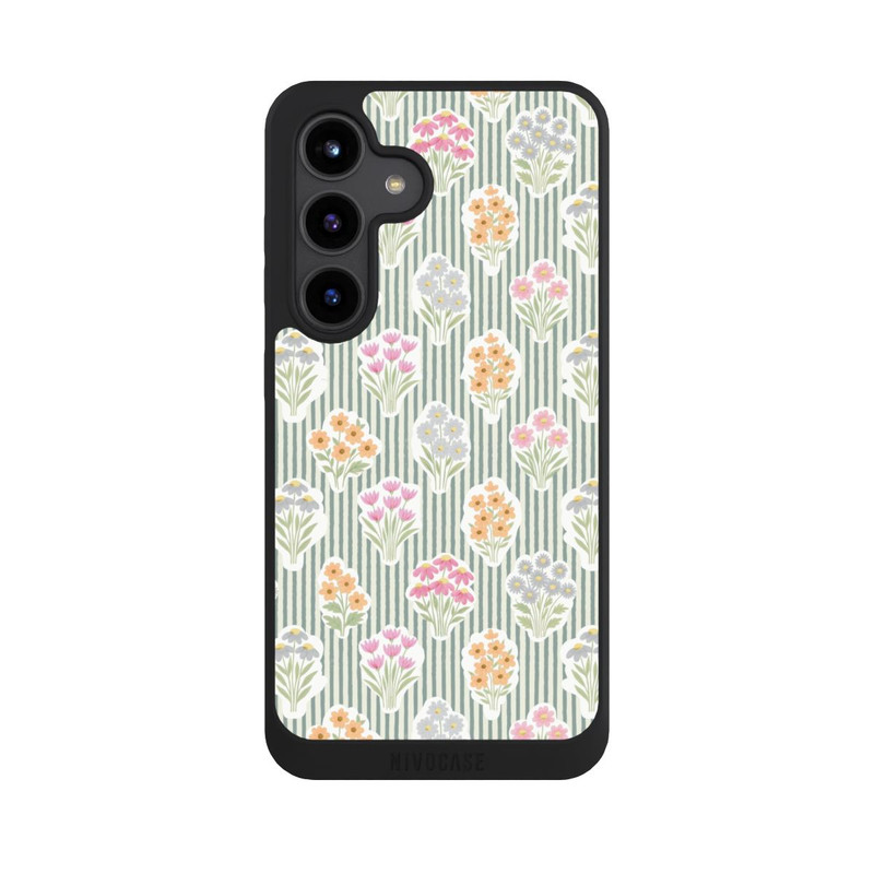 Galaxy S24 NIVOpure Ditsy Flower Sticker Bouquets on Blue and Cream Pinstripes