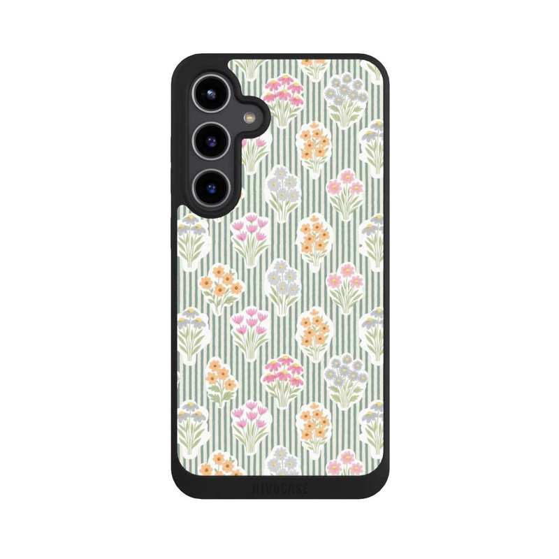 Galaxy S24 + NIVOpure Ditsy Flower Sticker Bouquets on Blue and Cream Pinstripes