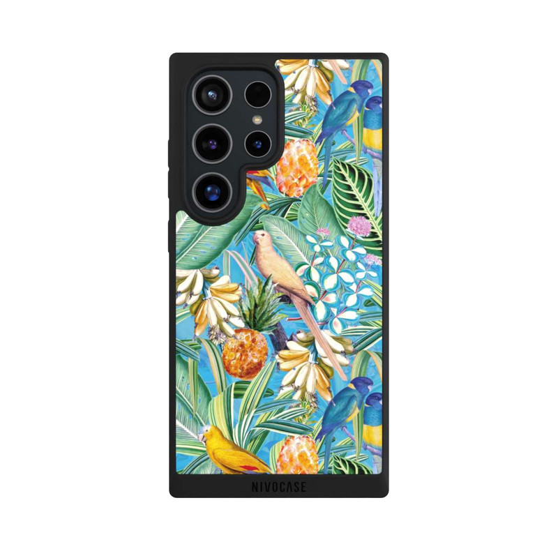 Galaxy S24 Ultra NIVOpure Perroquets tropicaux sur papier peint bleu