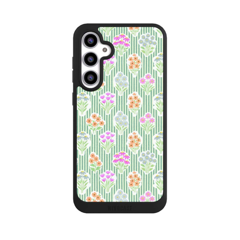Galaxy S23 FE NIVOpure Ditsy Flower Sticker Bouquets on Blue and Cream Pinstripes