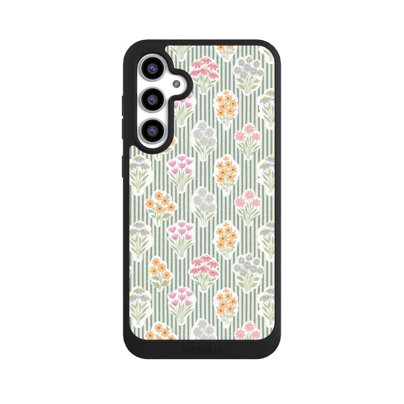 Galaxy S23 FE NIVOpure Ditsy Flower Sticker Bouquets on Blue and Cream Pinstripes