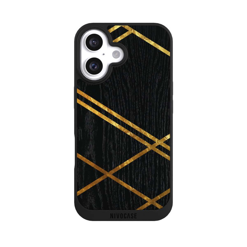 iPhone 16 NIVOpure Schwarzes geometrisches Muster Goldene Streifen