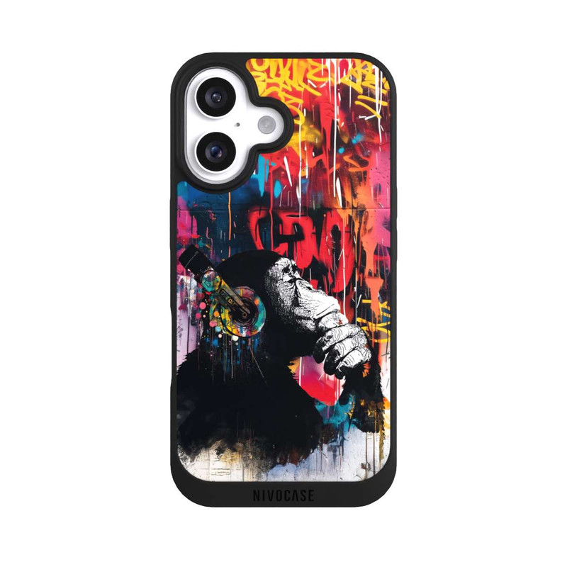 iPhone 16 NIVOpure Affe Stereo Kopfhörer Graffiti Street Art Blau