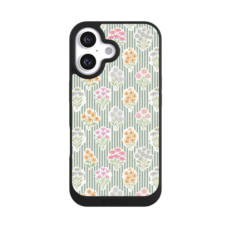 iPhone 16 NIVOpure Ditsy Flower Sticker Bouquets on Blue and Cream Pinstripes