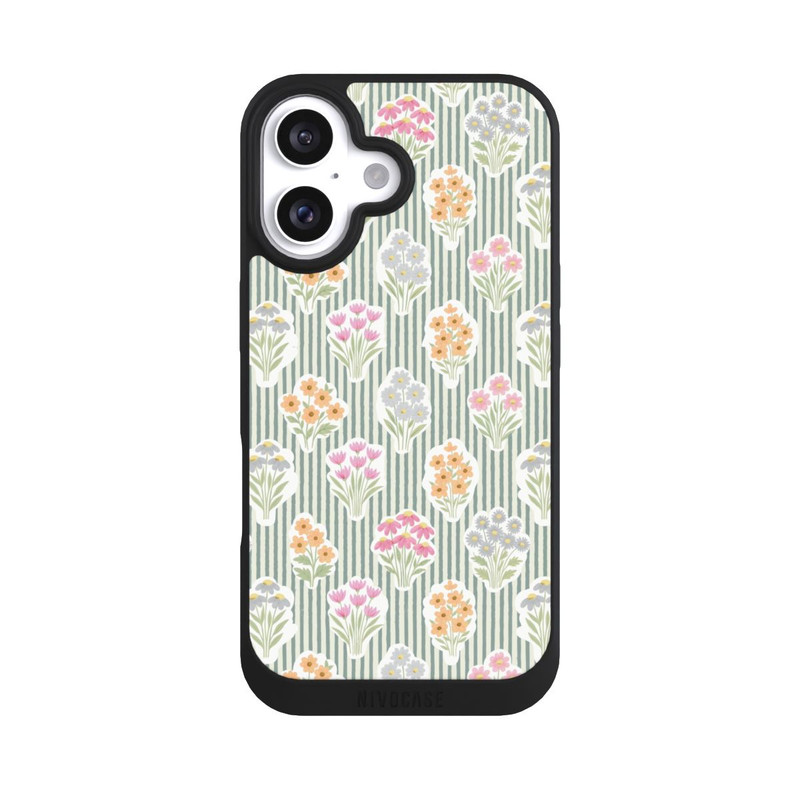 iPhone 16 NIVOpure Ditsy Flower Sticker Bouquets on Blue and Cream Pinstripes