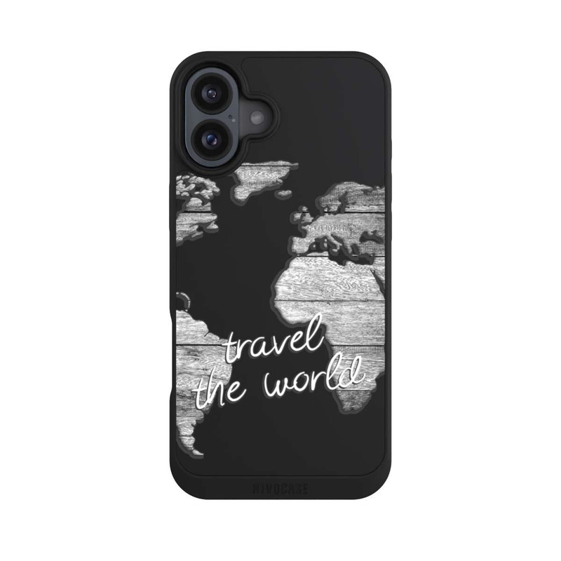 iPhone 16 Plus NIVOpure Weltkarte Holz ohne Hintergrund