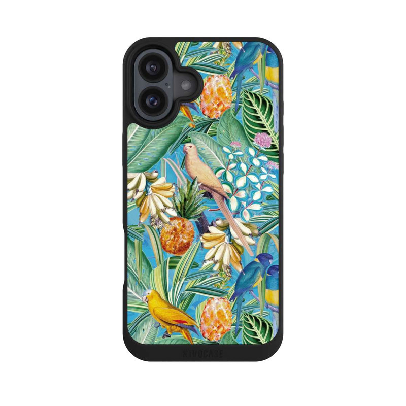 iPhone 16 Plus NIVOpure Tropische Papageien auf blauer Tapete