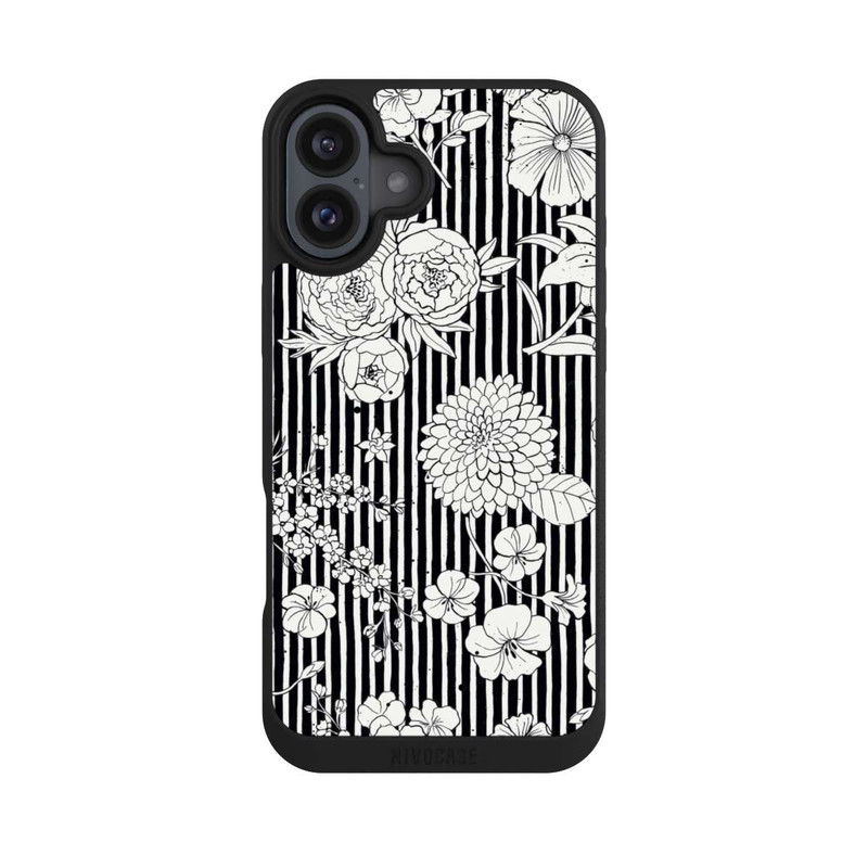 iPhone 16 Plus NIVOpure Blumen und Streifen Schwarz und Weiß