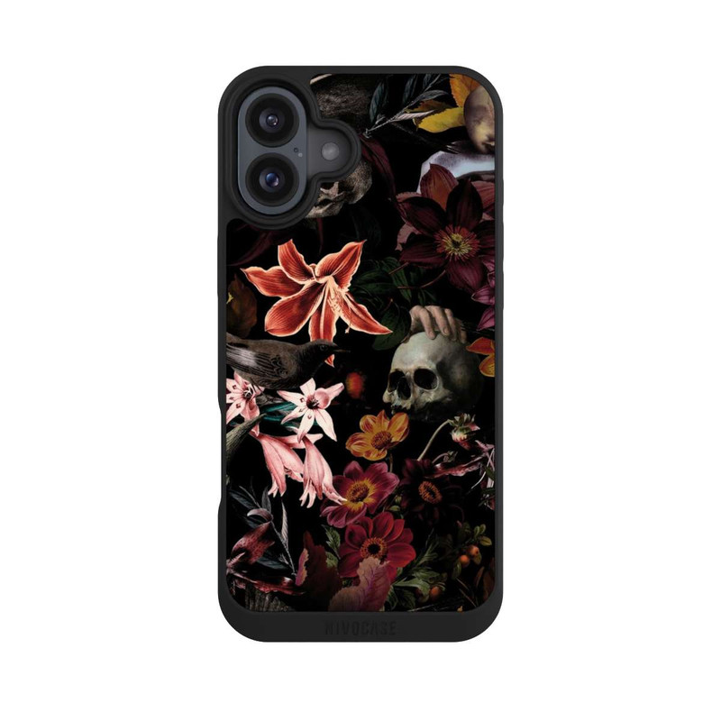 iPhone 16 Plus NIVOpure Totenköpfe und Blumen auf dunklem Hintergrund