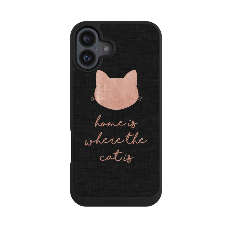 iPhone 16 Plus NIVOpure Home Is Where The Cat Is - Rosa auf Schwarz 