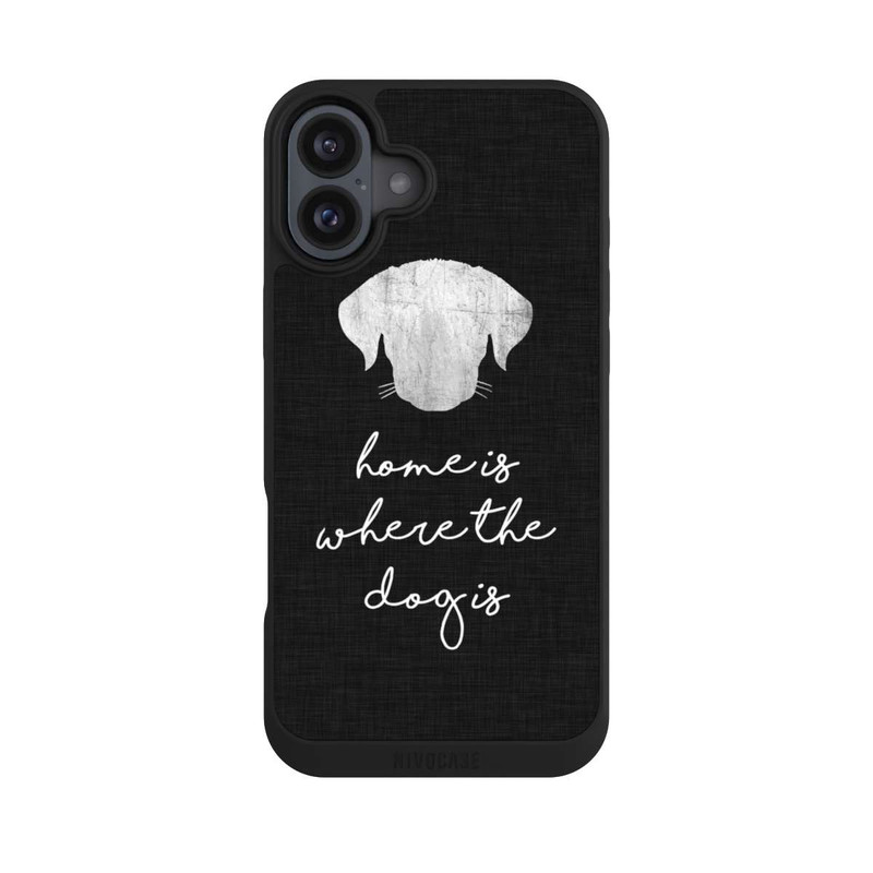 iPhone 16 Plus NIVOpure Home Is Where The Dog Is - Weiß auf Schwarz