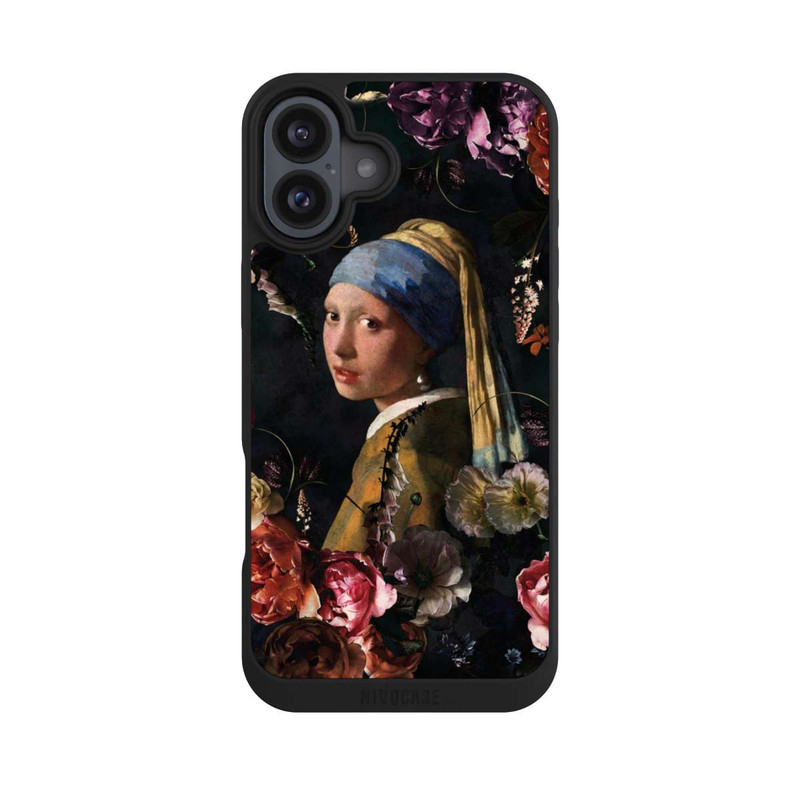 iPhone 16 Plus NIVOpure Mädchen mit Perlenohrringen und Rosen