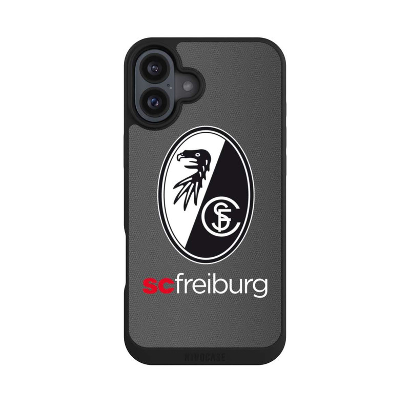 iPhone 16 Plus NIVOpure Carbon Hell Hintergrund mit dem Schriftzug SC Freiburg