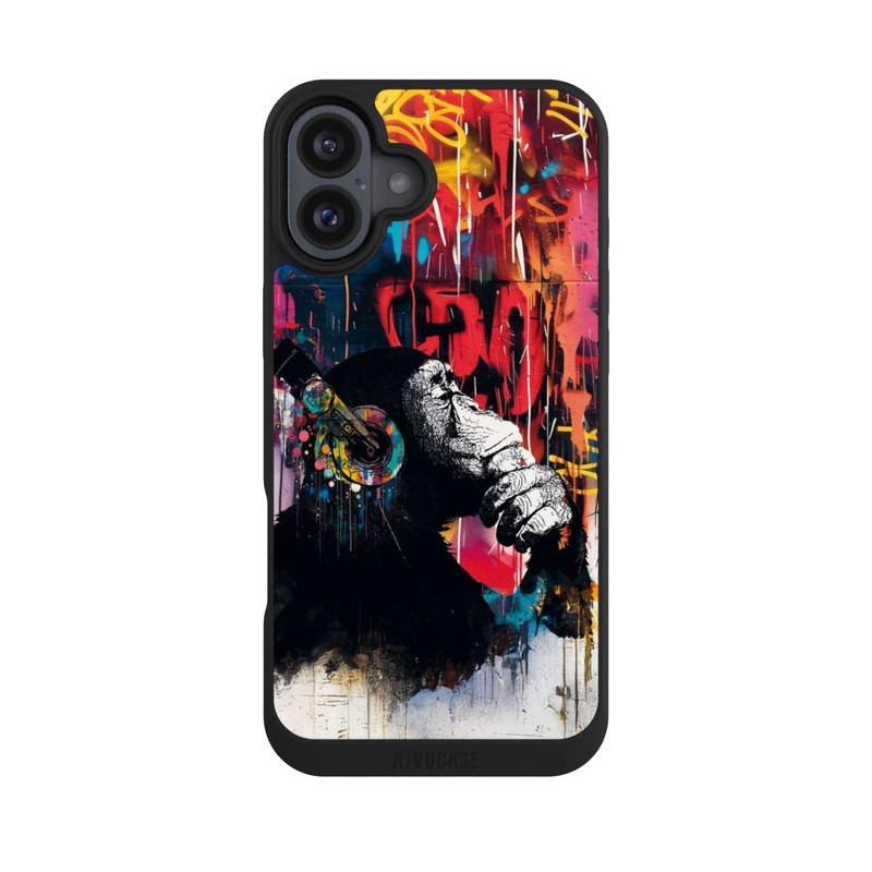 iPhone 16 Plus NIVOpure Affe Stereo Kopfhörer Graffiti Street Art Blau