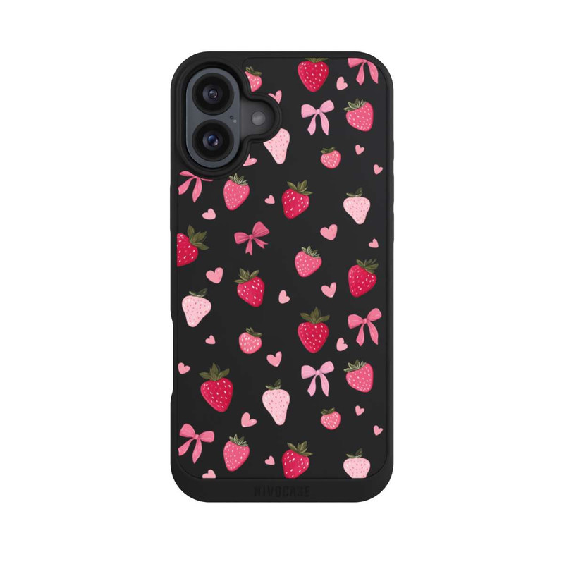 iPhone 16 Plus NIVOpure Erdbeer Herz Schleifen Pink Muster Transparent