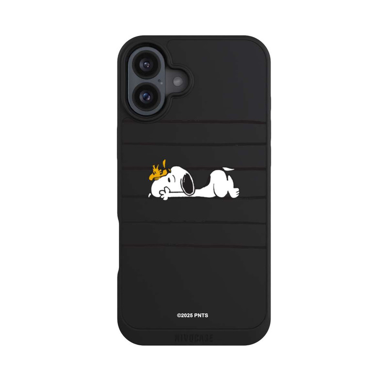 iPhone 16 Plus NIVOpure Snoopy Woodstock Streifen Peanuts Transparent