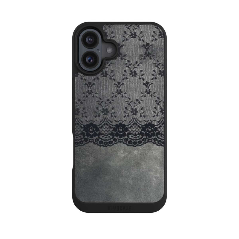 iPhone 16 Plus NIVOpure Schwarzes Spitzenmuster auf grauem Hintergrund