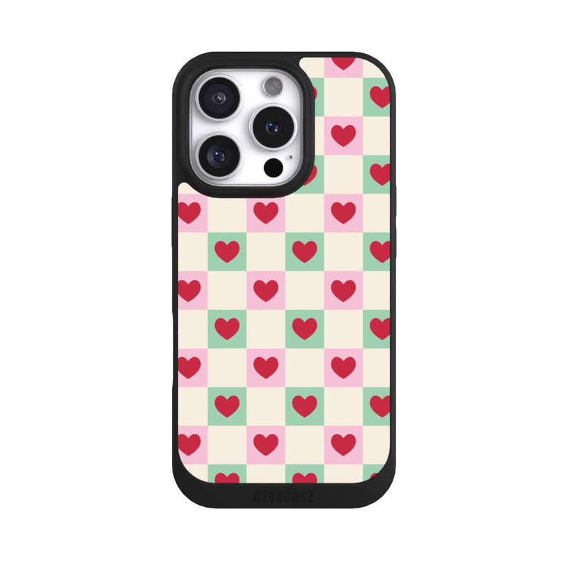iPhone 16 Pro NIVOpure Karomuster Herzen Rosa und Grün Valentinstag